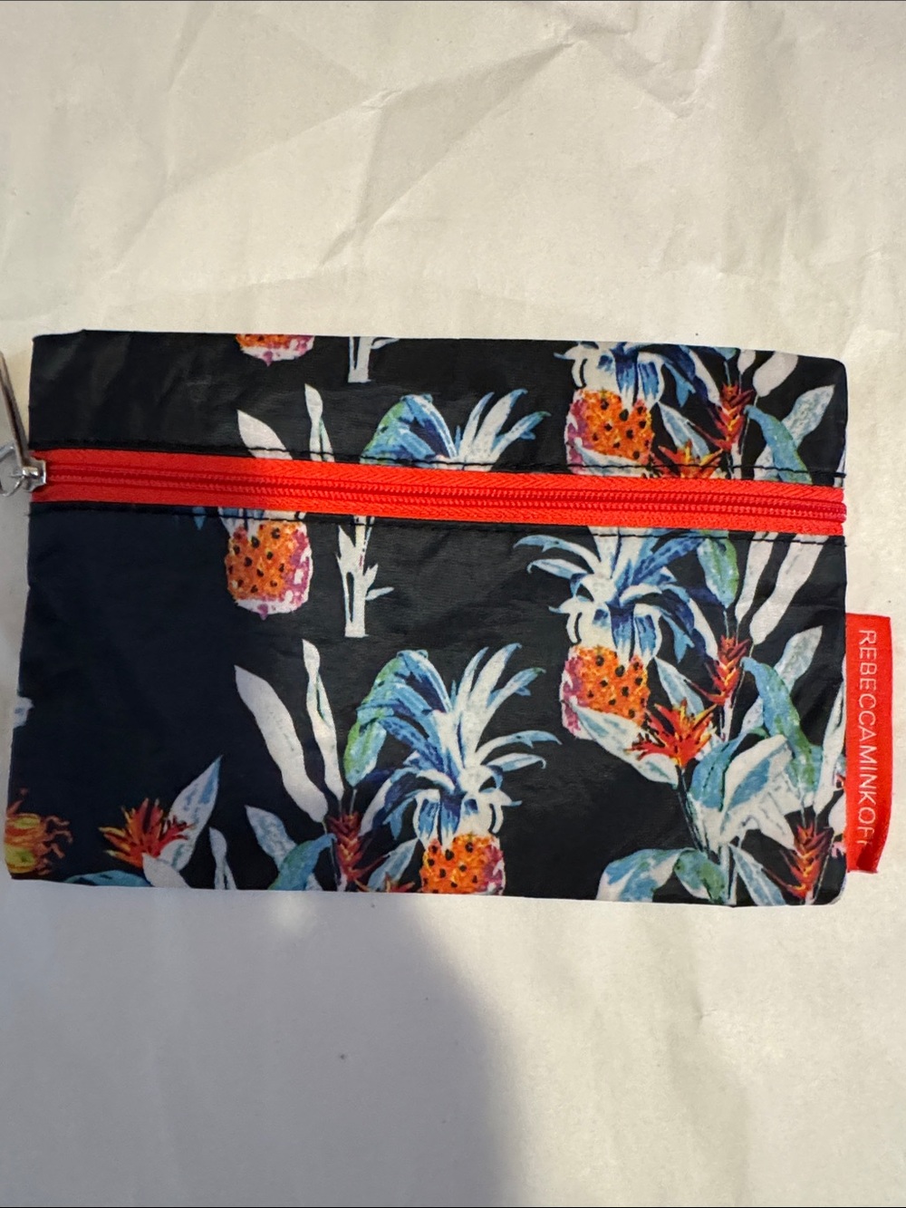 Rebecca Minkoff Black Pineapple Print Cosmetic Pouch with Red Zip
